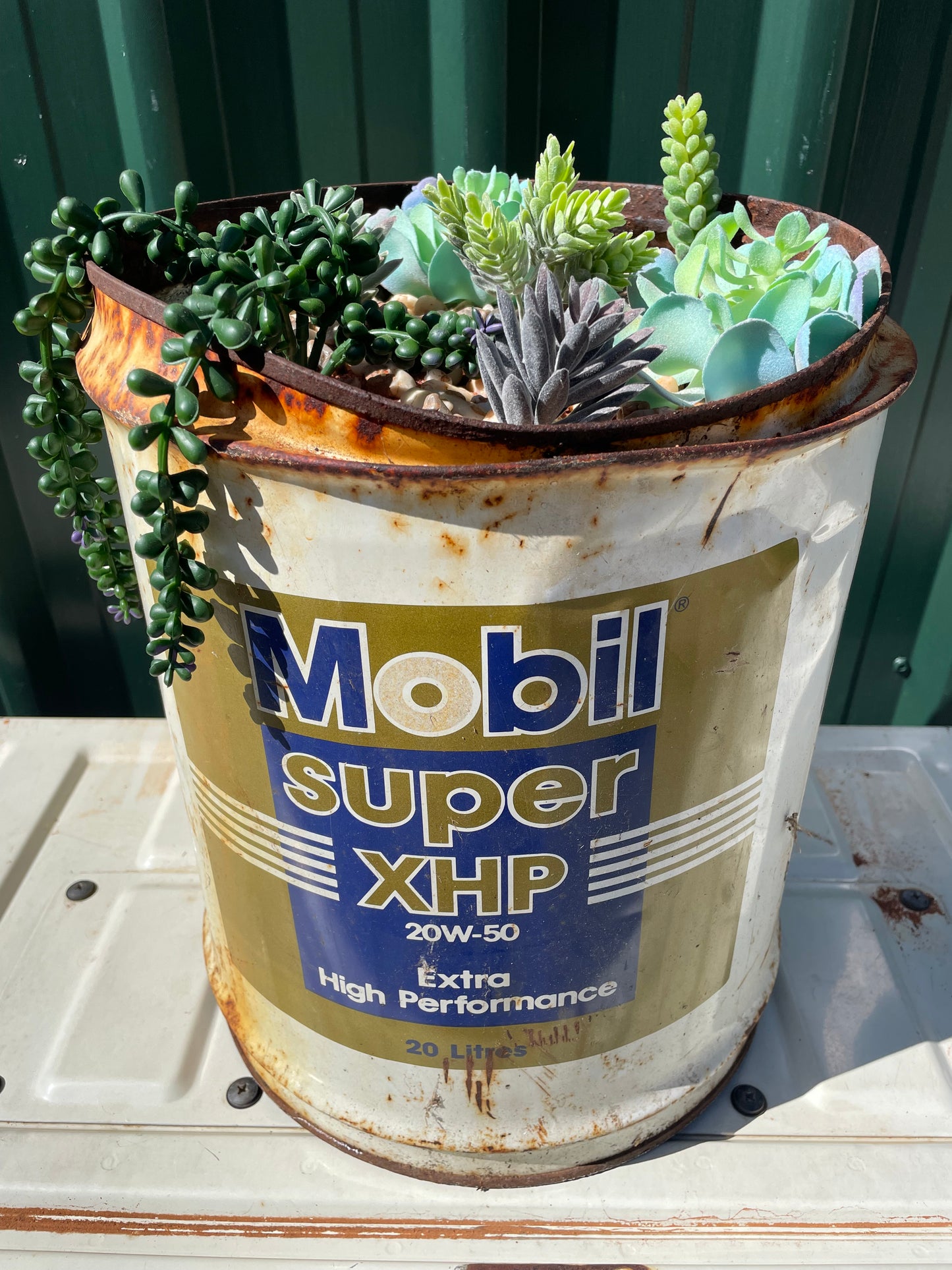 Vintage Mobil 20ltr tin succulent display.