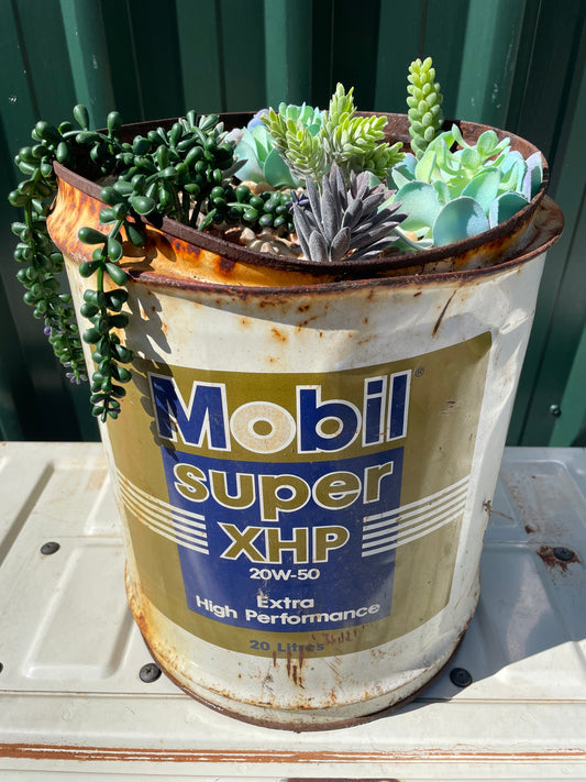 Vintage Mobil 20ltr tin succulent display.